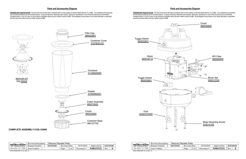 Diagram Diagram and Parts List for 1G909CCC  Hamilton Beach Blender